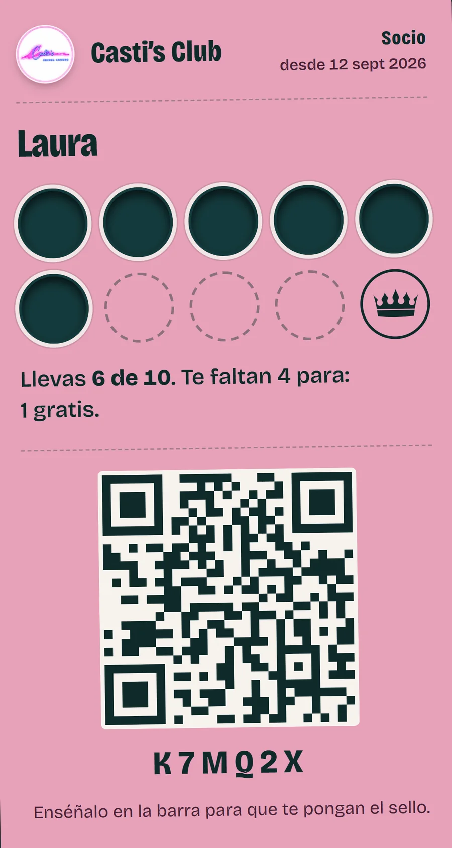 Una tarjeta del Club en el móvil: seis sellos de diez y el código QR
